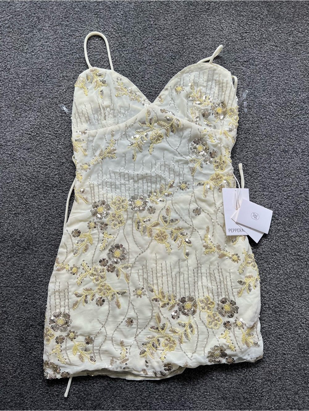 Peppermayo Ivory Mini Dress with Gold Sequin Floral Embroidery